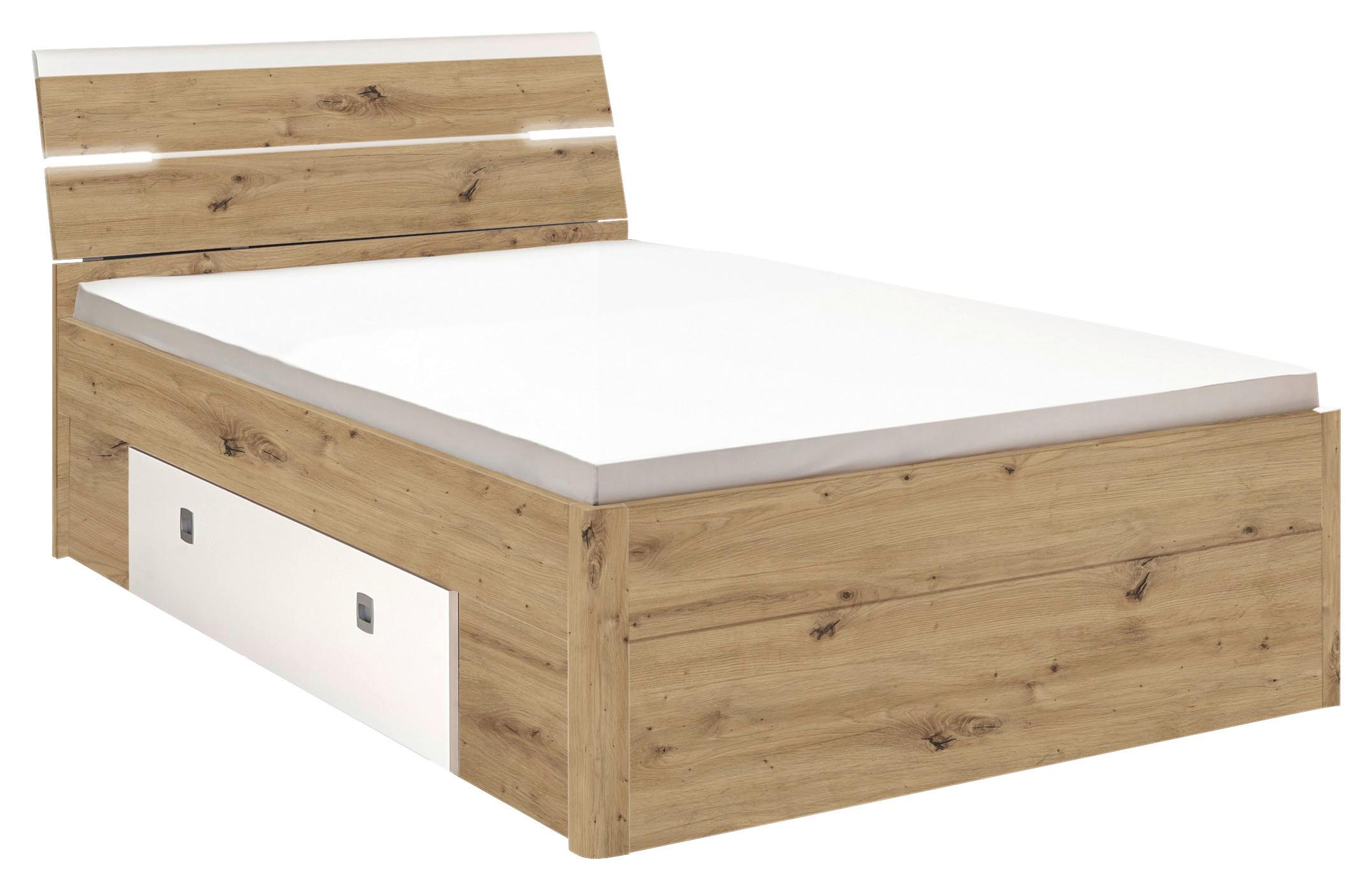 Stauraumbett mit Beleuchtung 140x200 cm Mars Eiche Dekor - Schwarz/Weiß, KONVENTIONELL, Holzwerkstoff (140/200cm) - MID.YOU