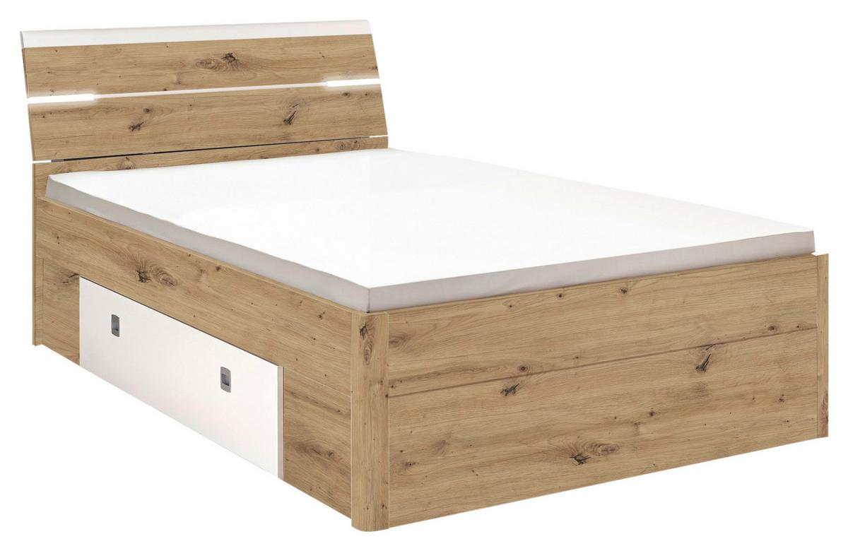 Stauraumbett Mit Beleuchtung 140x200 Cm Mars Eiche Dekor - Schwarz/Weiß, KONVENTIONELL, Holzwerkstoff (140/200cm) - MID.YOU