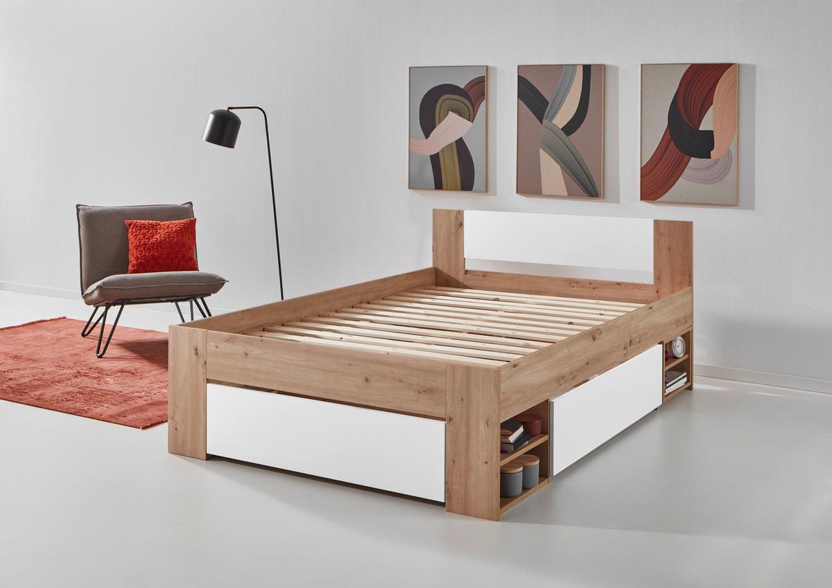 Stauraumbett M. Bettladen 140x 200cm Azurro Weiß/eiche - Eiche Artisan/Weiß, MODERN, Holzwerkstoff (140/200cm)