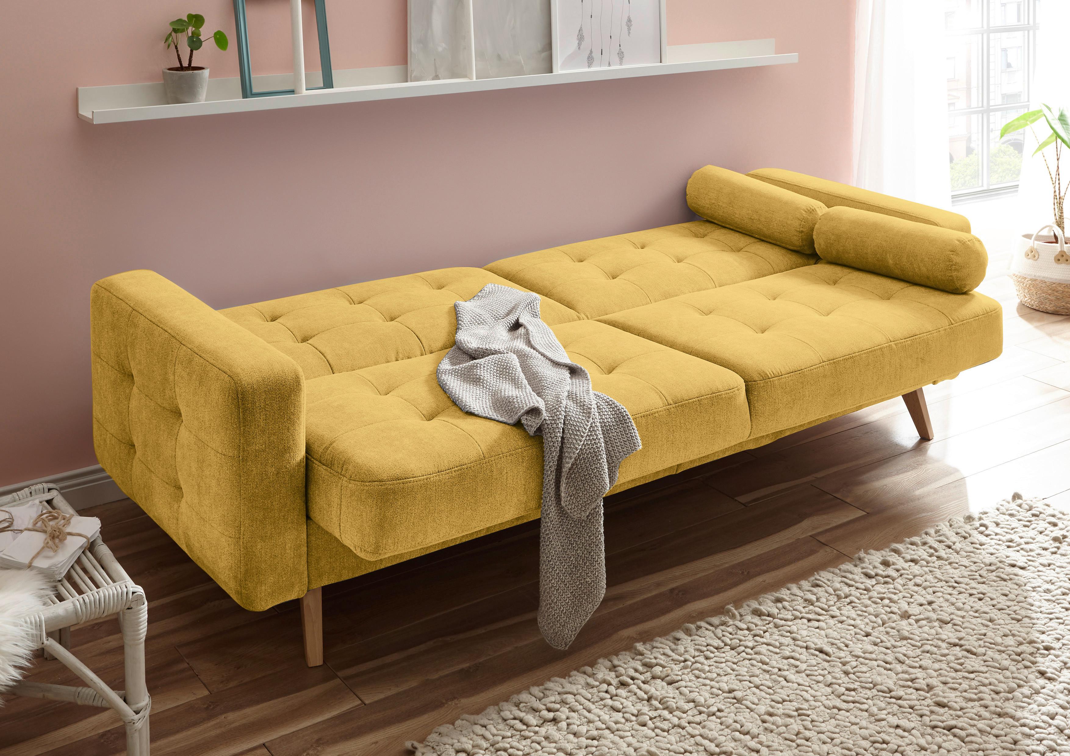 Schlafsofa Mit Bettkasten Und Kissen Fjord, Webstoff - Eichefarben/Gelb, MODERN, Holzwerkstoff/Textil (222/86/90cm) - MID.YOU