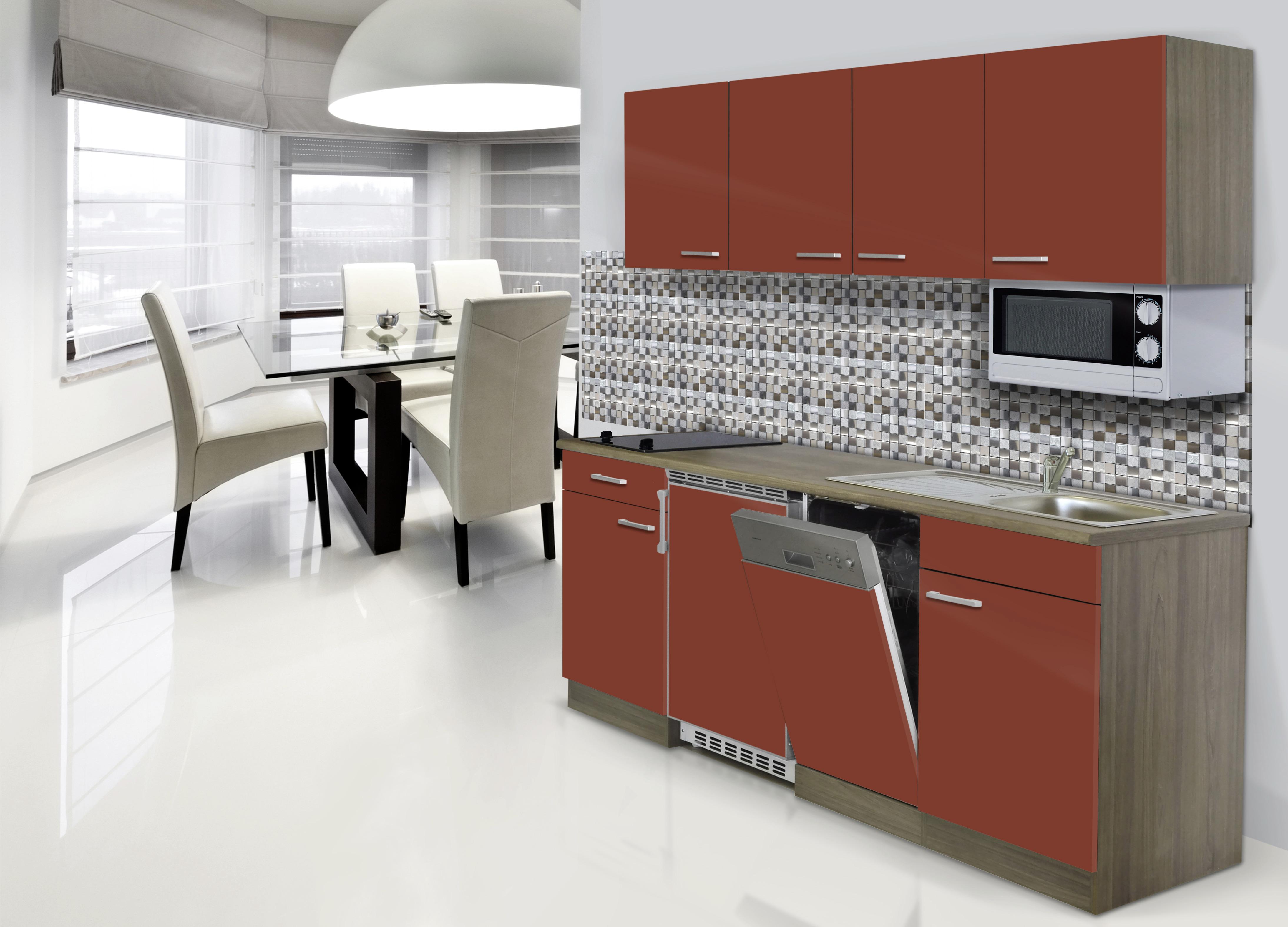 Küchenzeile Economy mit Geräten 195 cm Rot/Eiche Dekor Modern - Eichefarben/Rot, Basics, Holzwerkstoff (195cm) - Respekta