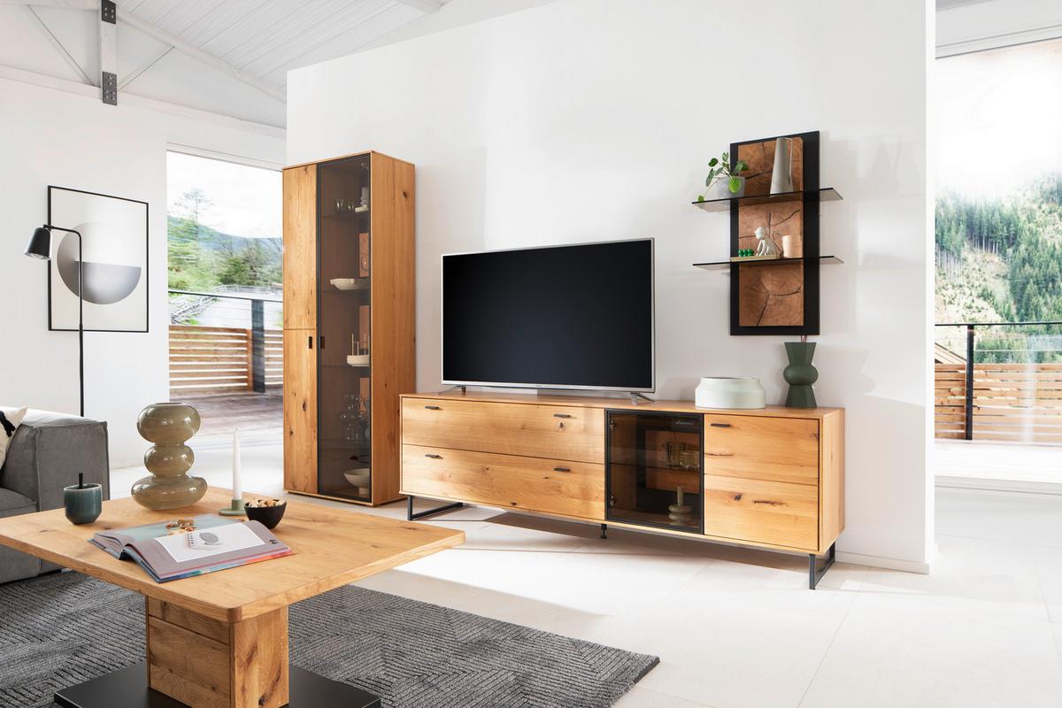 Wohnwand Assini Wildeiche B: 306 cm - Wildeiche/Schwarz, Design, Glas/Holz (306/206/50cm) - MID.YOU