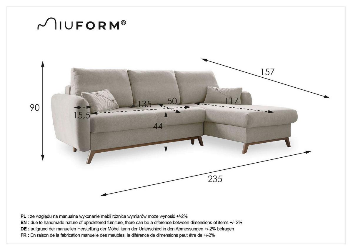 Sedačka LUCILE S, pravá, béžová, úl.prostor a lůžko - přírodní barvy/béžová, dřevo/textil (235/157cm) - MID.YOU