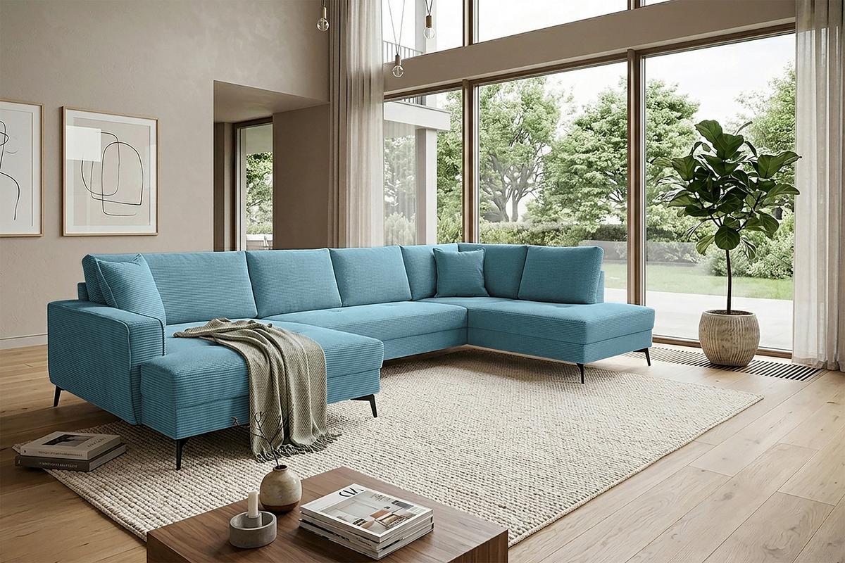 Wohnlandschaft Zero Blau U-Form 195x362x173cm - Blau/Schwarz, Trend, Textil (173/362/195cm)