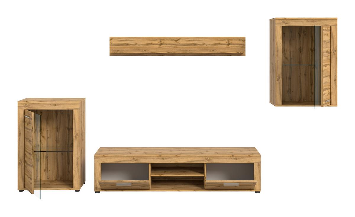 Wohnwand Jam Eiche Wotan Dekor B: 310cm - Eiche Wotan/Schwarz, Design, Glas/Holzwerkstoff (310/169/35cm) - MID.YOU