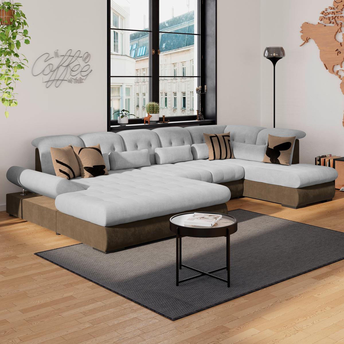 Wohnlandschaft Madera Silberfarben S 358x312 cm - Hellbraun/Silberfarben, KONVENTIONELL, Kunststoff/Textil (190/358/212cm)