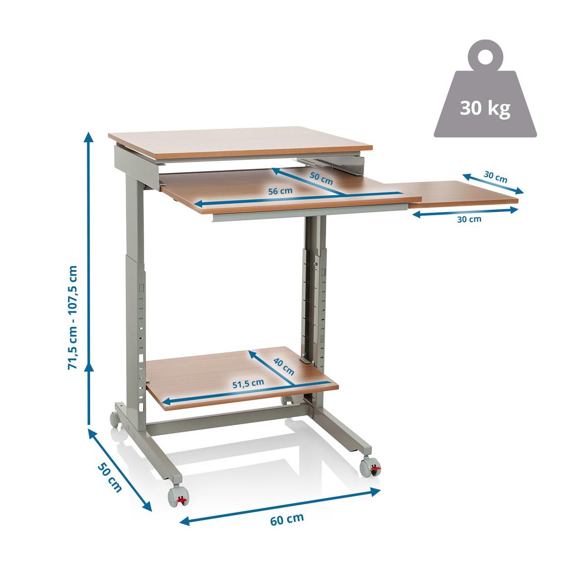 Schreibtisch B 50cm H 71,5 - 107,5 Cm Grau/buche Dekor - Buchefarben/Grau, Basics, Holzwerkstoff/Kunststoff (60/71,5-107,5/50cm) - MID.YOU