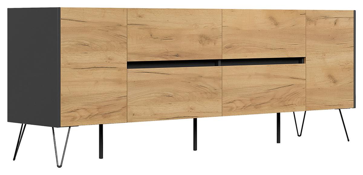 Sideboard Posseik Industrial Graphitfarben/Eichef. B: 199cm - Eichefarben/Schwarz, Design, Holzwerkstoff (199/75,8/42cm) - MID.YOU
