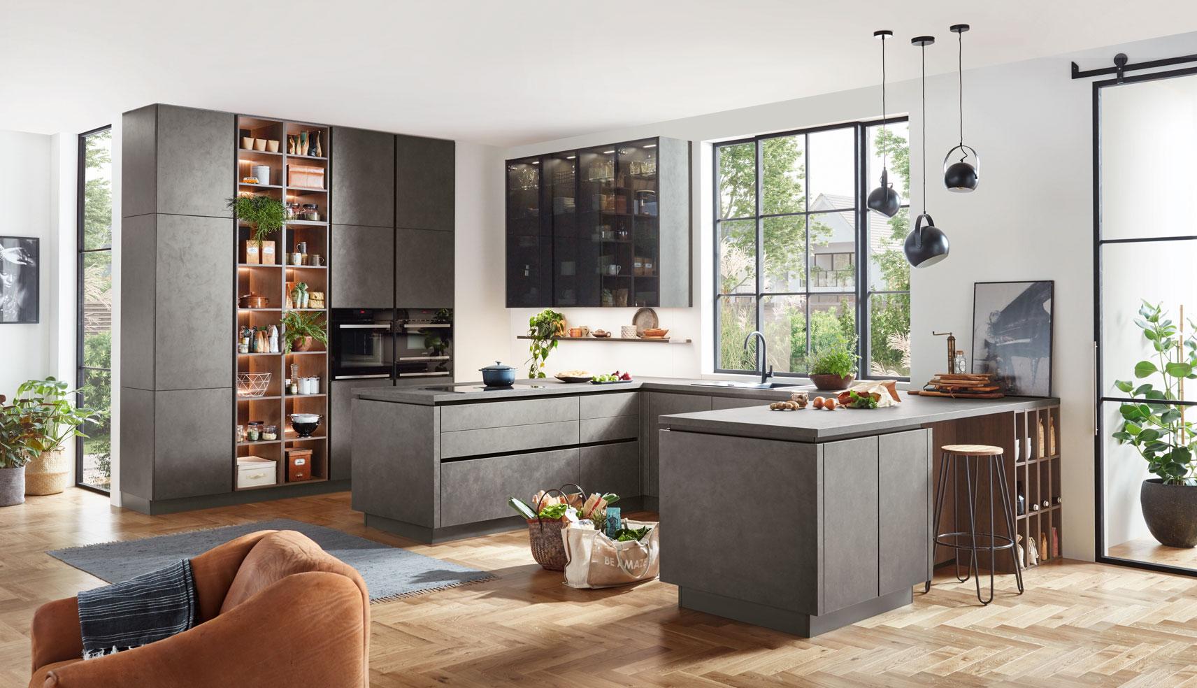 Einbauküche Riga Frei Planbar Modern, Grifflos - Eichefarben/Anthrazit, MODERN, Holzwerkstoff - Vertico