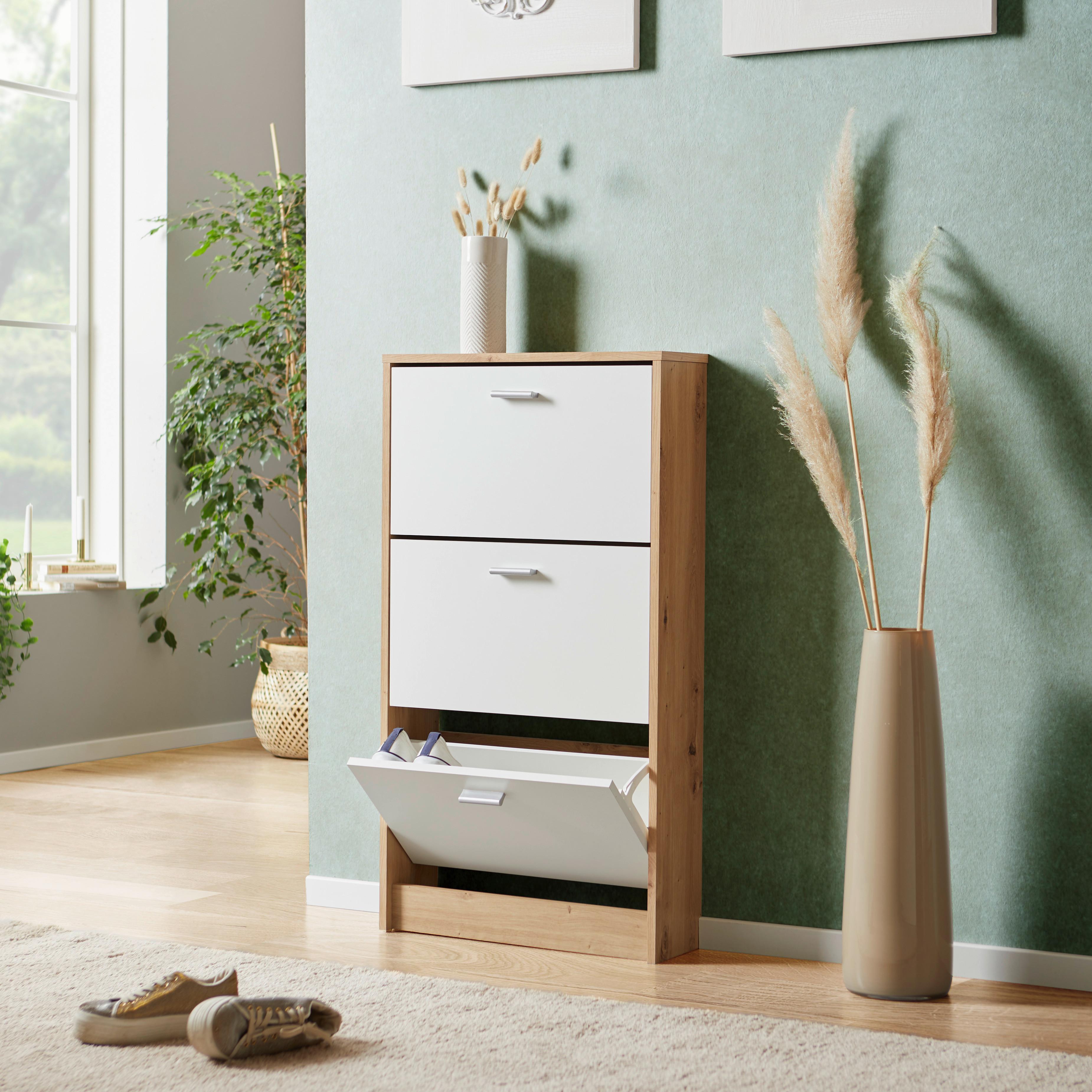 Schuhkipper Da13 3 Klappen 6 Paar Weiß/Eiche Dekor B: 58 cm - Eichefarben/Weiß, MODERN, Holzwerkstoff (58/107/18cm)