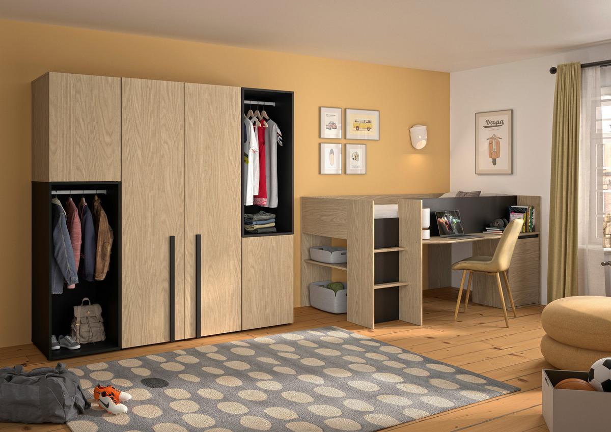 Kleiderschrank Nael 100 cm, Eichefarben - Eichefarben/Schwarz, Basics, Holzwerkstoff (100/200/60cm)