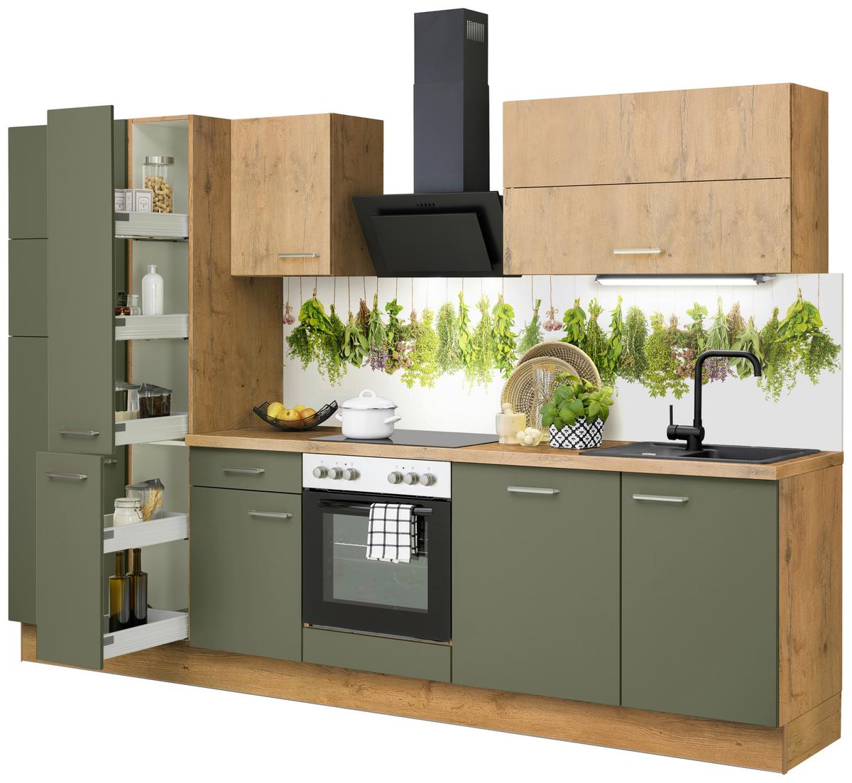 Küchenzeile mit Geräte B: 310 cm Terra Opal/Eiche Dekor - Eichefarben, Basics, Holzwerkstoff (310cm) - Impuls