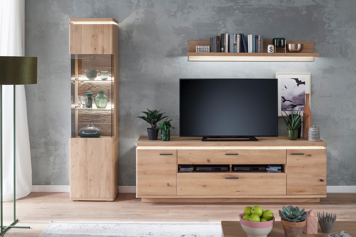 Wohnkombination Teilmassiv 3-Tlg. Barcelona Eichefarben - Eichefarben, Design, Glas/Holz (280/204/50cm) - Livetastic