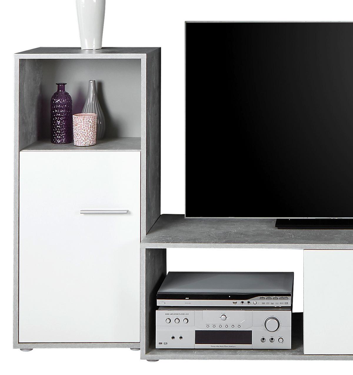 Wohnwand Modern 4 -Teilig. Aran Betonoptik/Perlweiß - Hellgrau/Schwarz, MODERN, Holzwerkstoff (221/183,5/40cm)