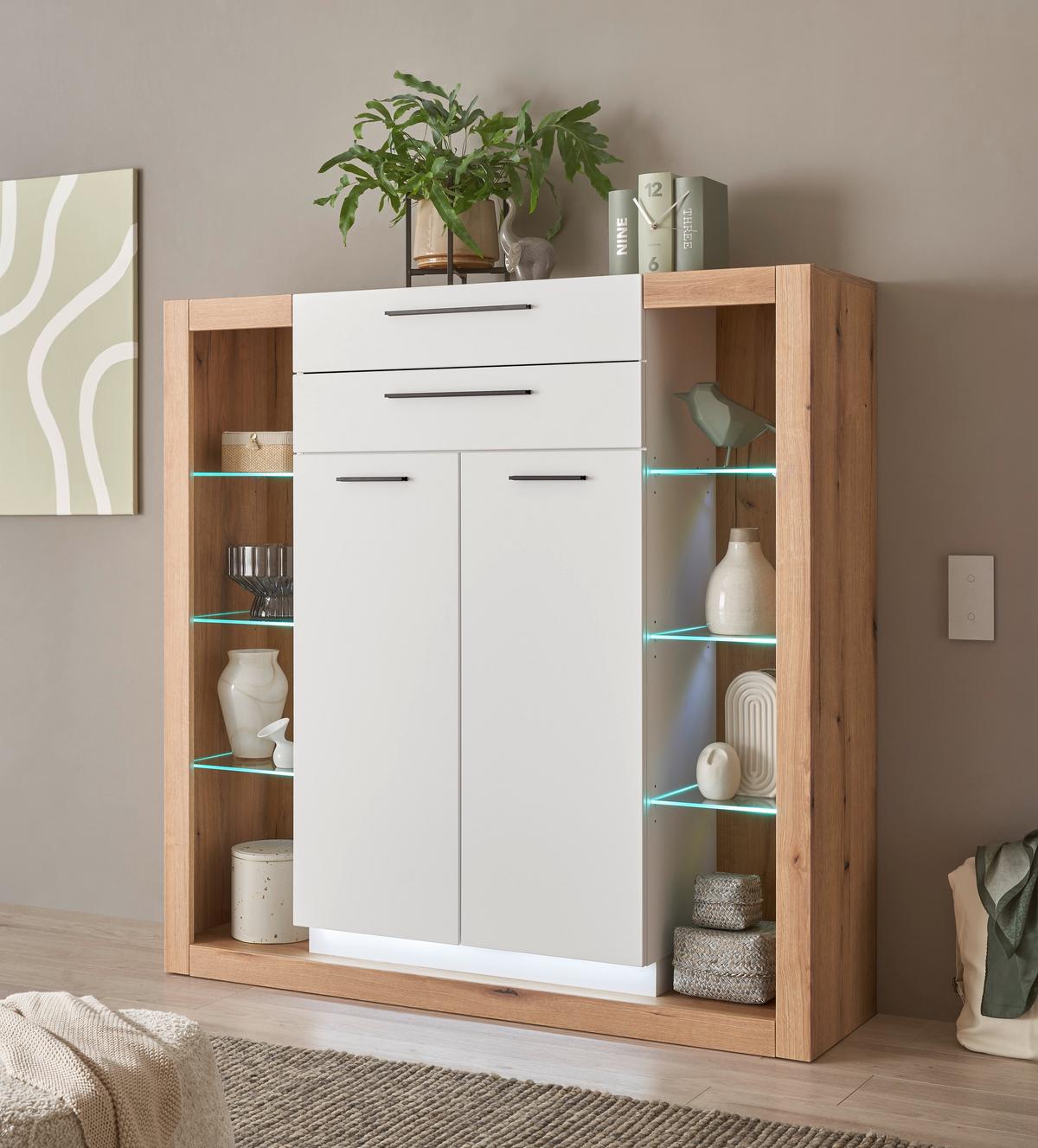 Highboard Brixen Weiß/Eichefarben B: 141cm - Eichefarben/Weiß, Design, Glas/Holzwerkstoff (141/139/37cm) - MID.YOU