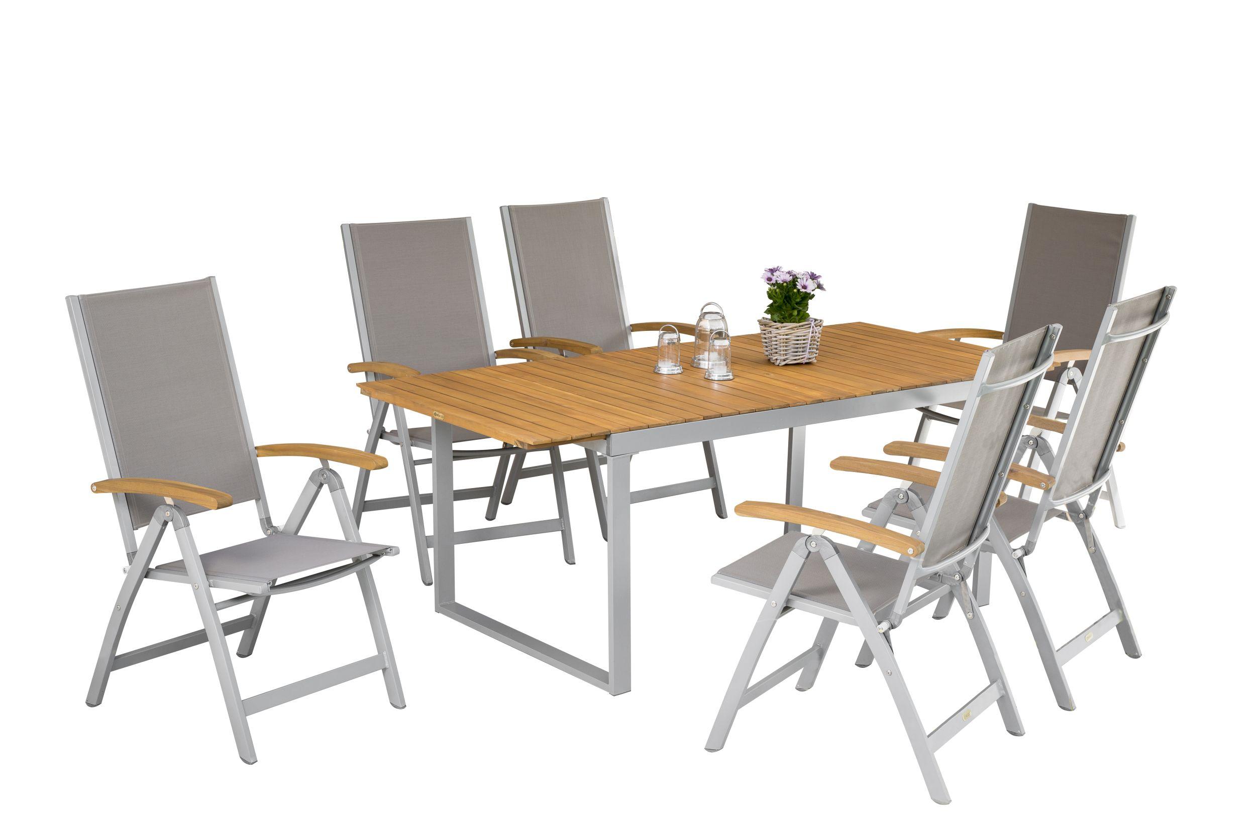 Gartengarnitur 7--Teilig. Naxos Akazie/Aluminium - Silberfarben/Grau, ROMANTIK / LANDHAUS, Holz/Textil - Gardenson