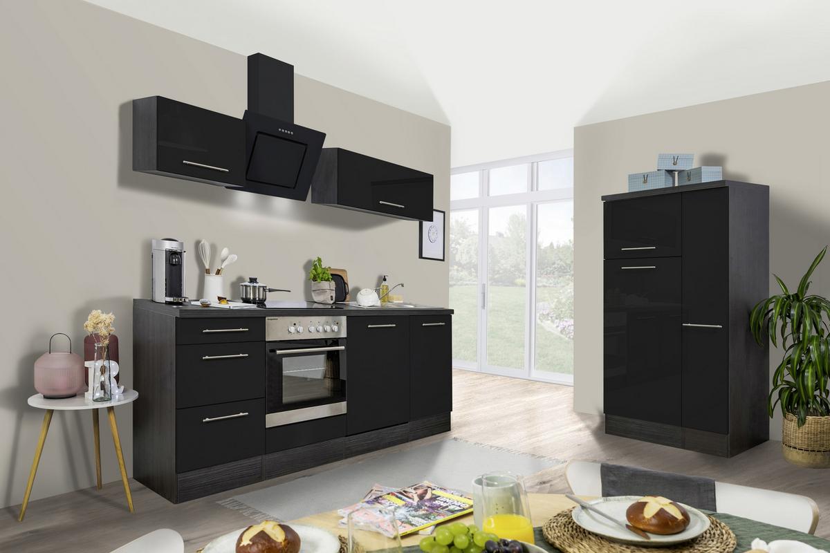 Küchenzeile mit Geräten 310 cm Schwarz Hochglanz - Eichefarben/Schwarz, Basics, Holzwerkstoff (310cm) - Respekta