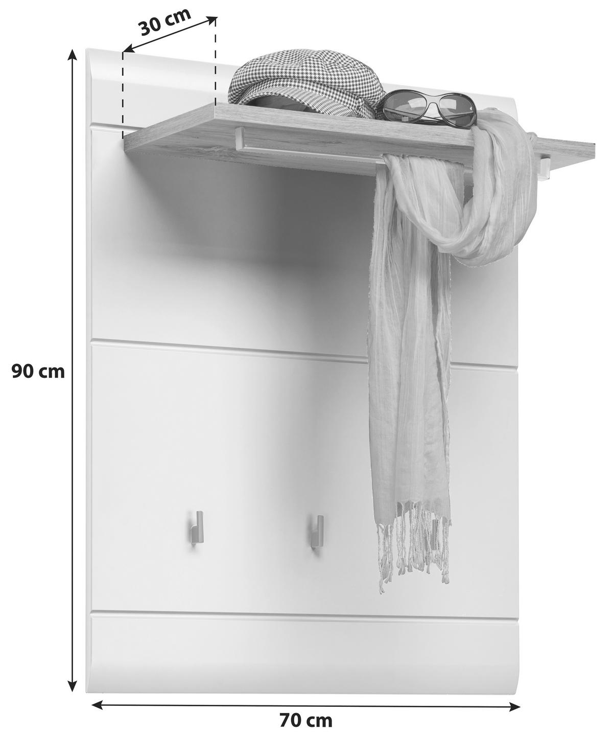Garderobenpaneel Auris Weiß/ Eiche Mit Hutablage B: 70 Cm - Weiß, MODERN (70/90/30cm) - Luca Bessoni