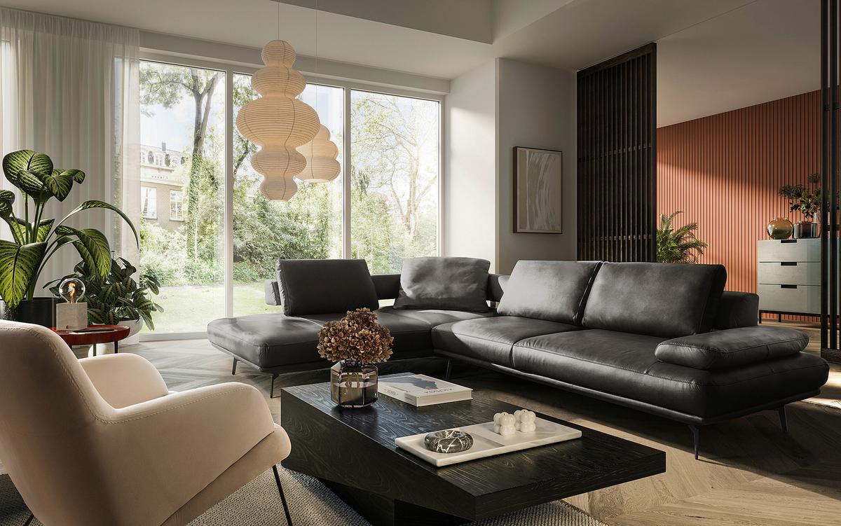 Ecksofa Como Echtleder Anthrazit 237x306 - Anthrazit/Schwarz, Design, Leder (237/306cm) - Livetastic