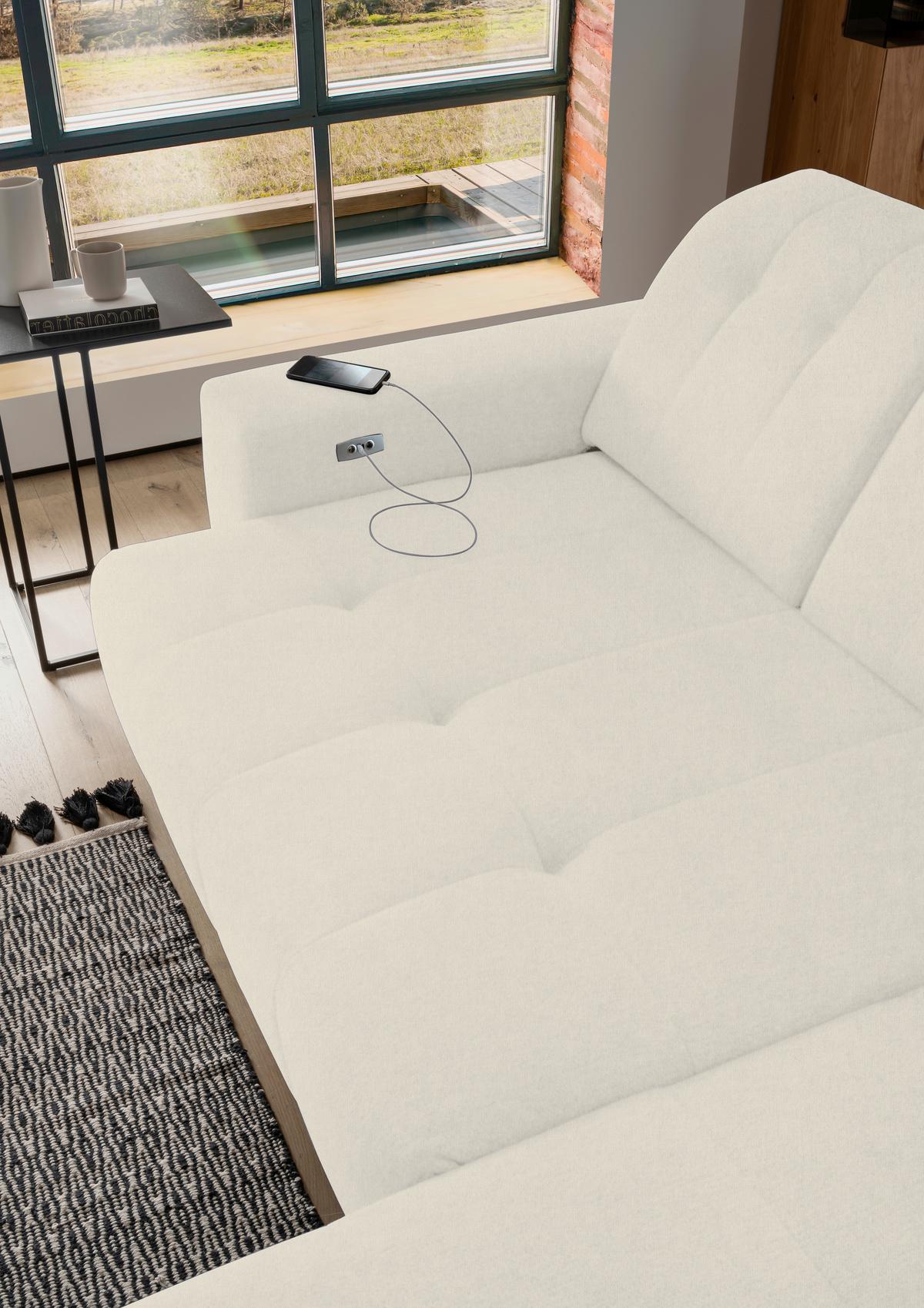 Ecksofa mit USB Anschluss Sano, Creme, S: 261x200 cm - Creme/Schwarz, MODERN, Textil (261/200cm) - Livetastic