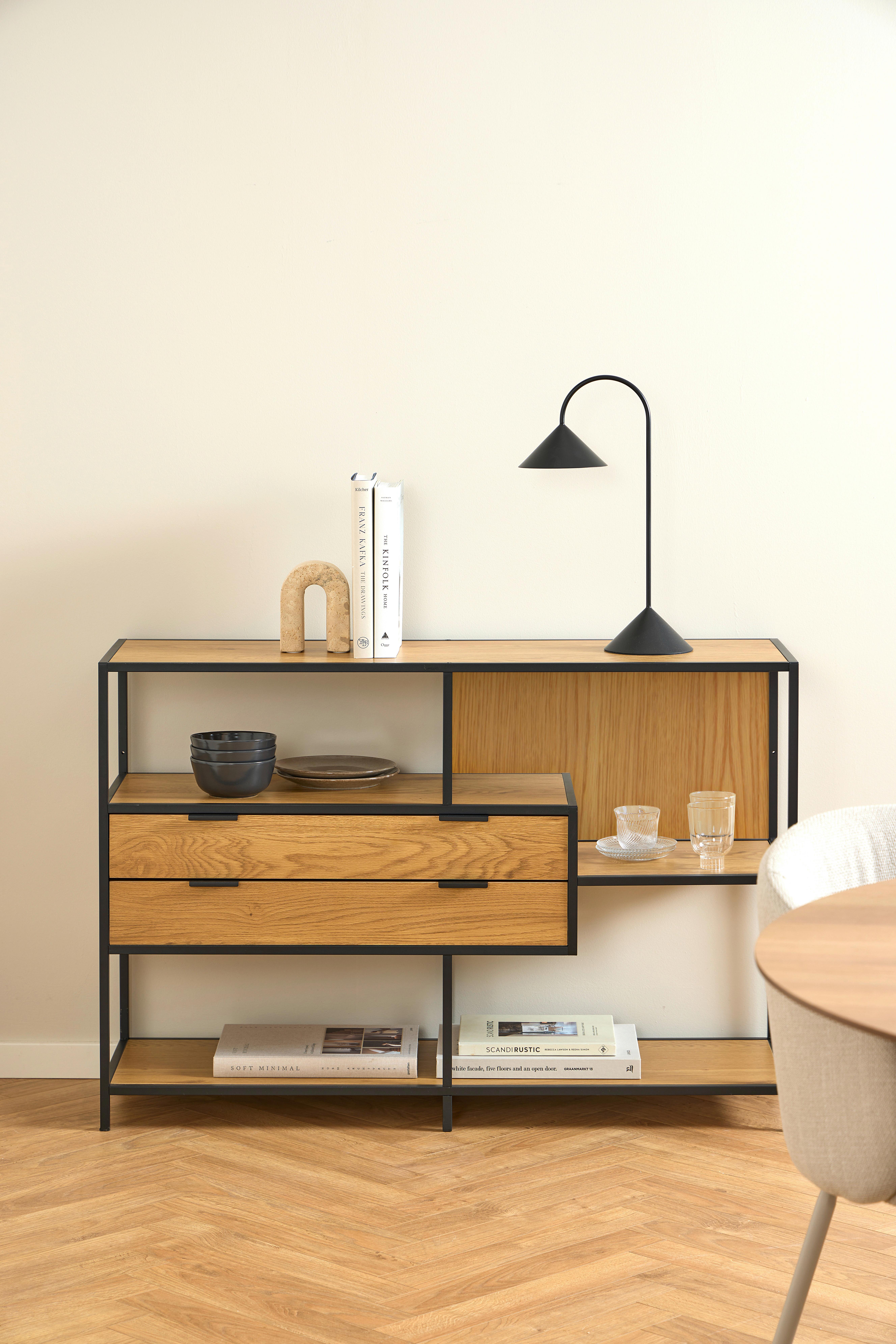 REGÁL SEAFORD - čierna/prírodná farba, Modern, kov/kompozitné drevo (77/114/35cm)