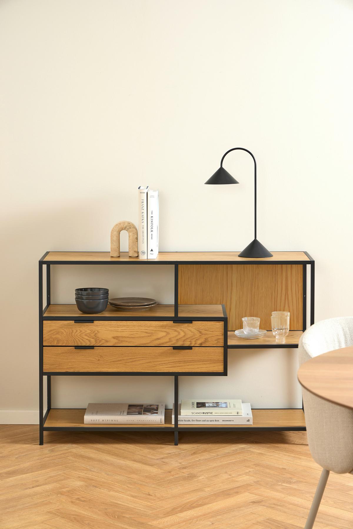 REGÁL SEAFORD - černá/přírodní barvy, Moderní, kov/kompozitní dřevo (77/114/35cm)