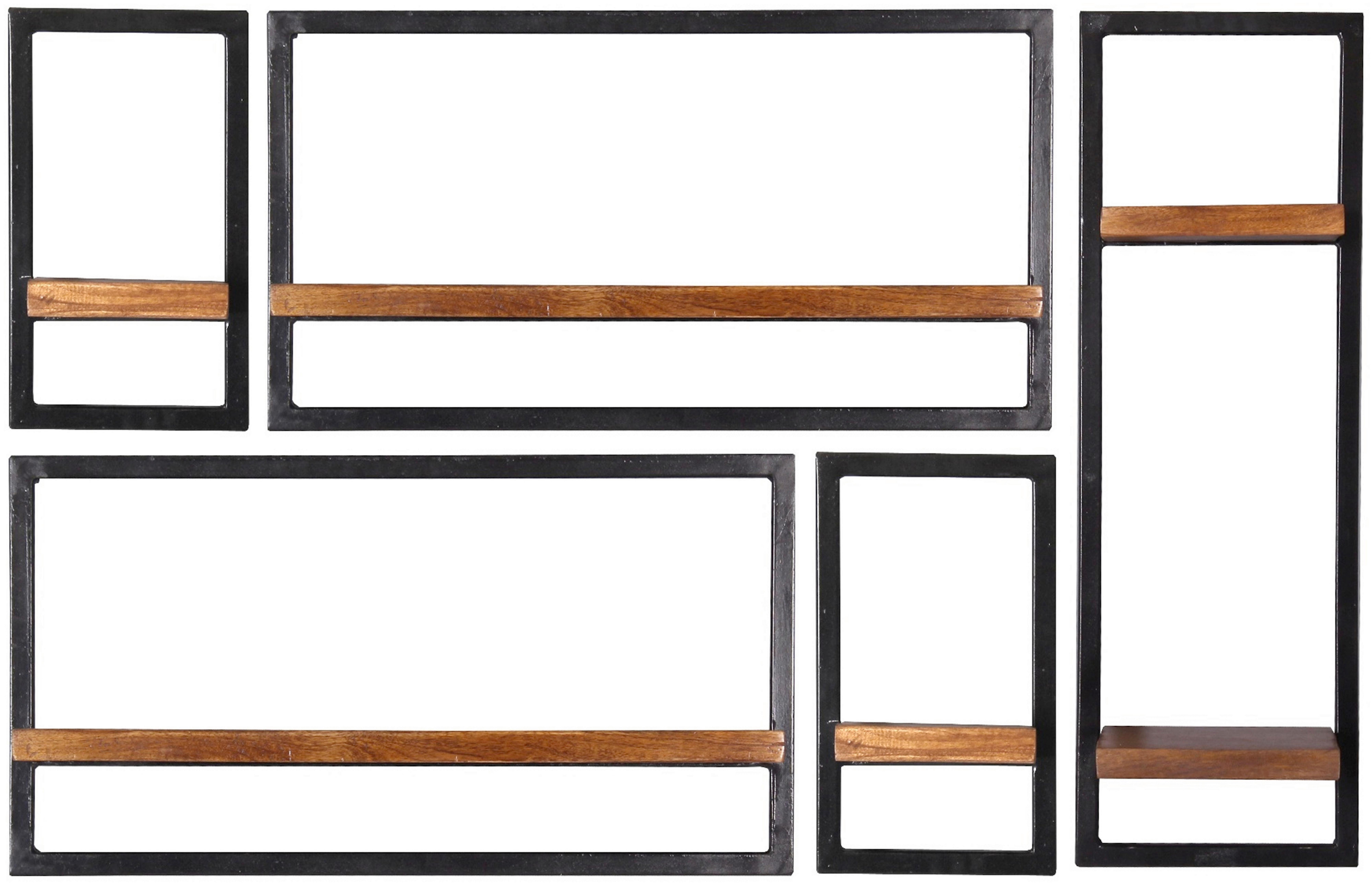 Wandregalset 5-tlg. Mangoholz B: 120cm - Schwarz/Naturfarben, Design, Holz/Metall (120/75/25cm) - MID.YOU