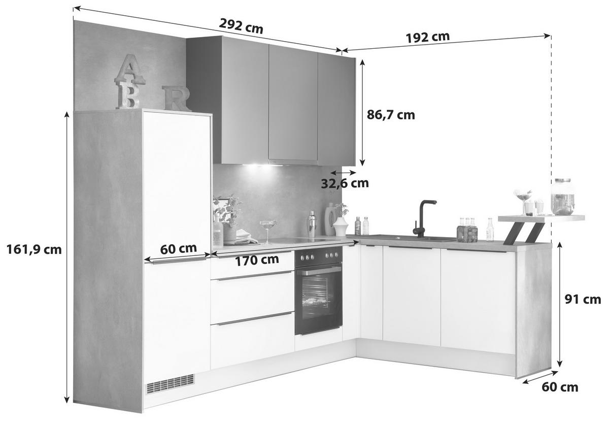 Eckküche Ip1200 ohne Geräte 292x192 cm Schwarz/Space Grey - Weiß, MODERN, Holzwerkstoff (192/292cm) - Impuls