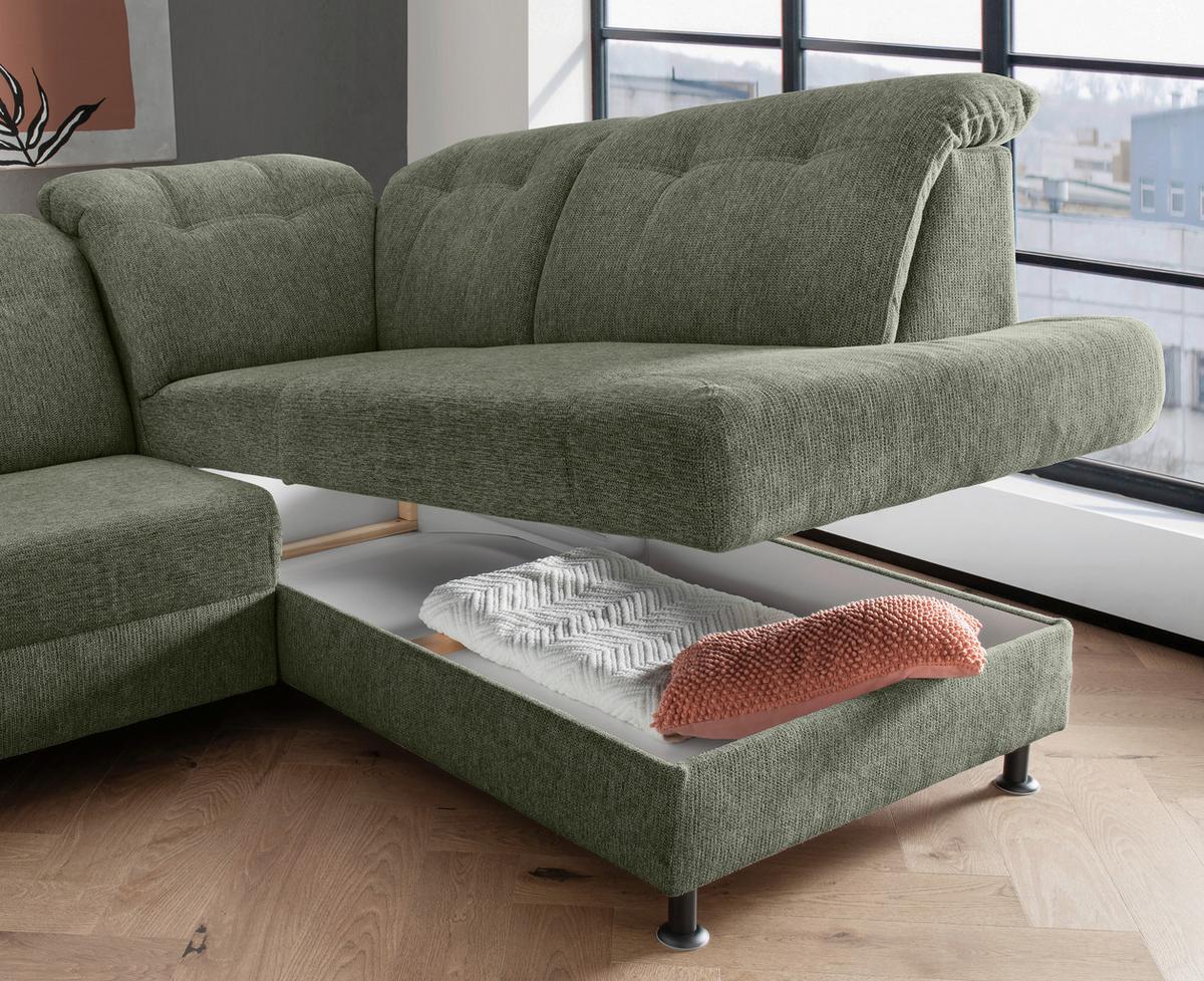 Ecksofa Minori Chenille Dunkelgrün, S: 270x198 cm - Dunkelgrün/Schwarz, MODERN, Textil (270/198cm) - Livetastic