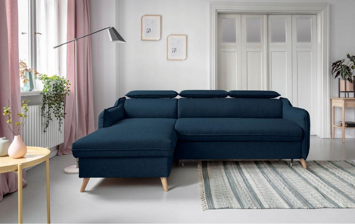 Rozkládací sedačka Simone, levé provedení - přírodní barvy/tmavě modrá, Moderní, dřevo/textil (228/82/95/162cm)