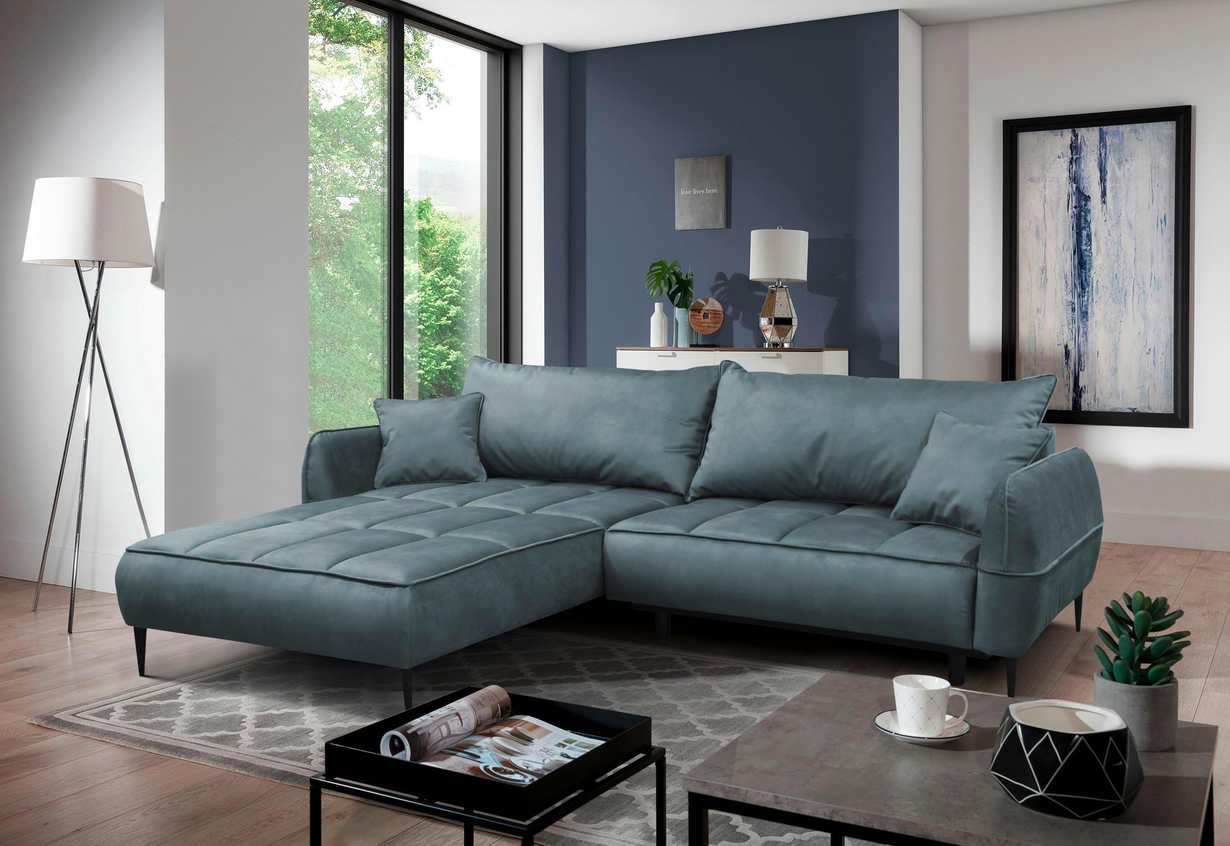 Ecksofa Mit Bettkasten Letto 189x260 Cm Velours Blau - Blau/Schwarz, Design, Textil (189/260cm) - MID.YOU