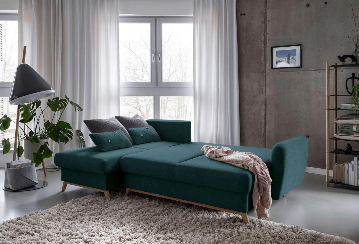 Sedačka LUCILE S, levá, tyrkysová, úl.prostor a lůžko - přírodní barvy/tyrkysová, dřevo/textil (157/235cm) - MID.YOU