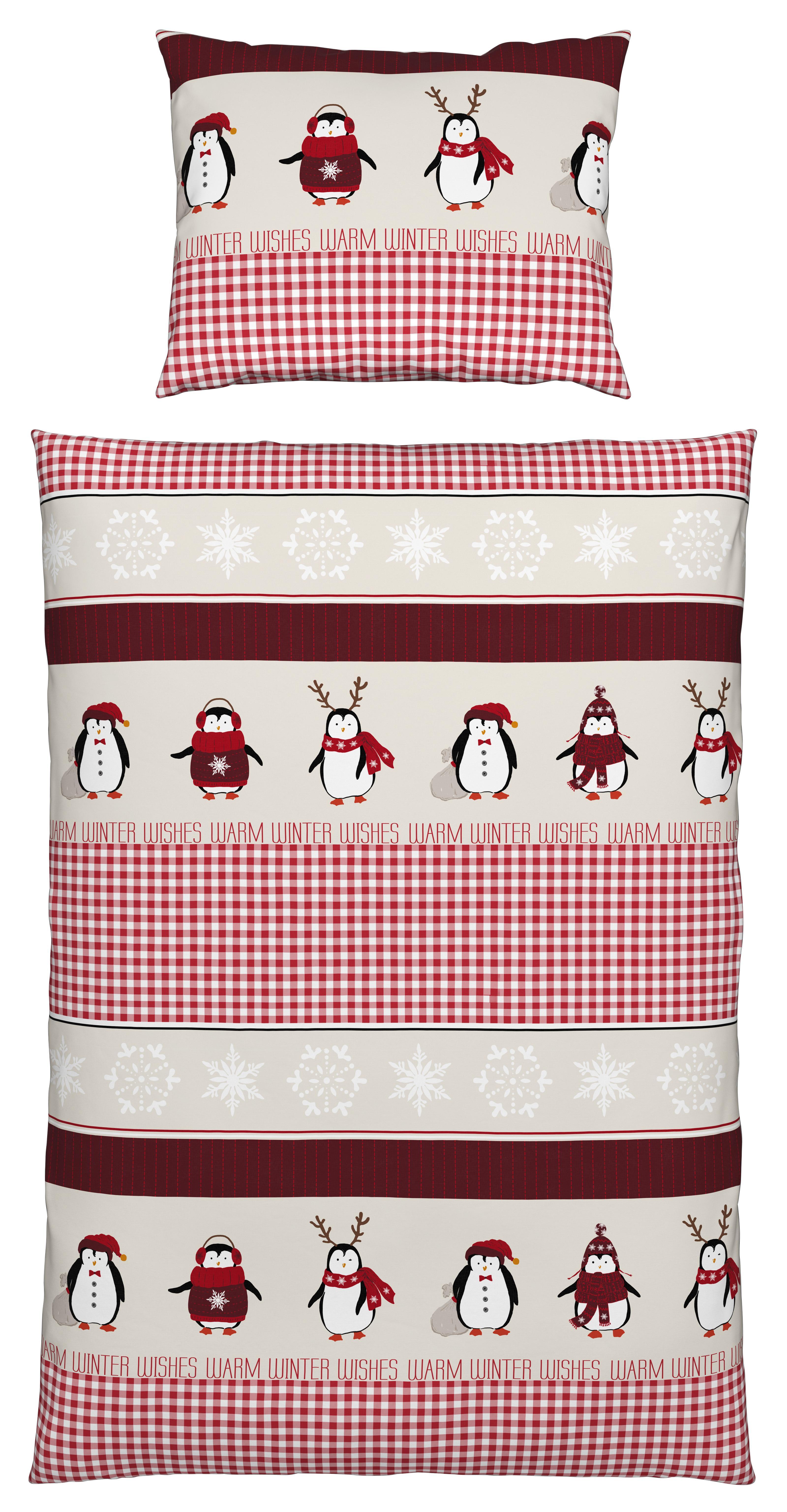 Ágyneműhuzat-garnitúra WINTER PINGUIN - Piros/Szürke, konvencionális, Textil - Luca Bessoni