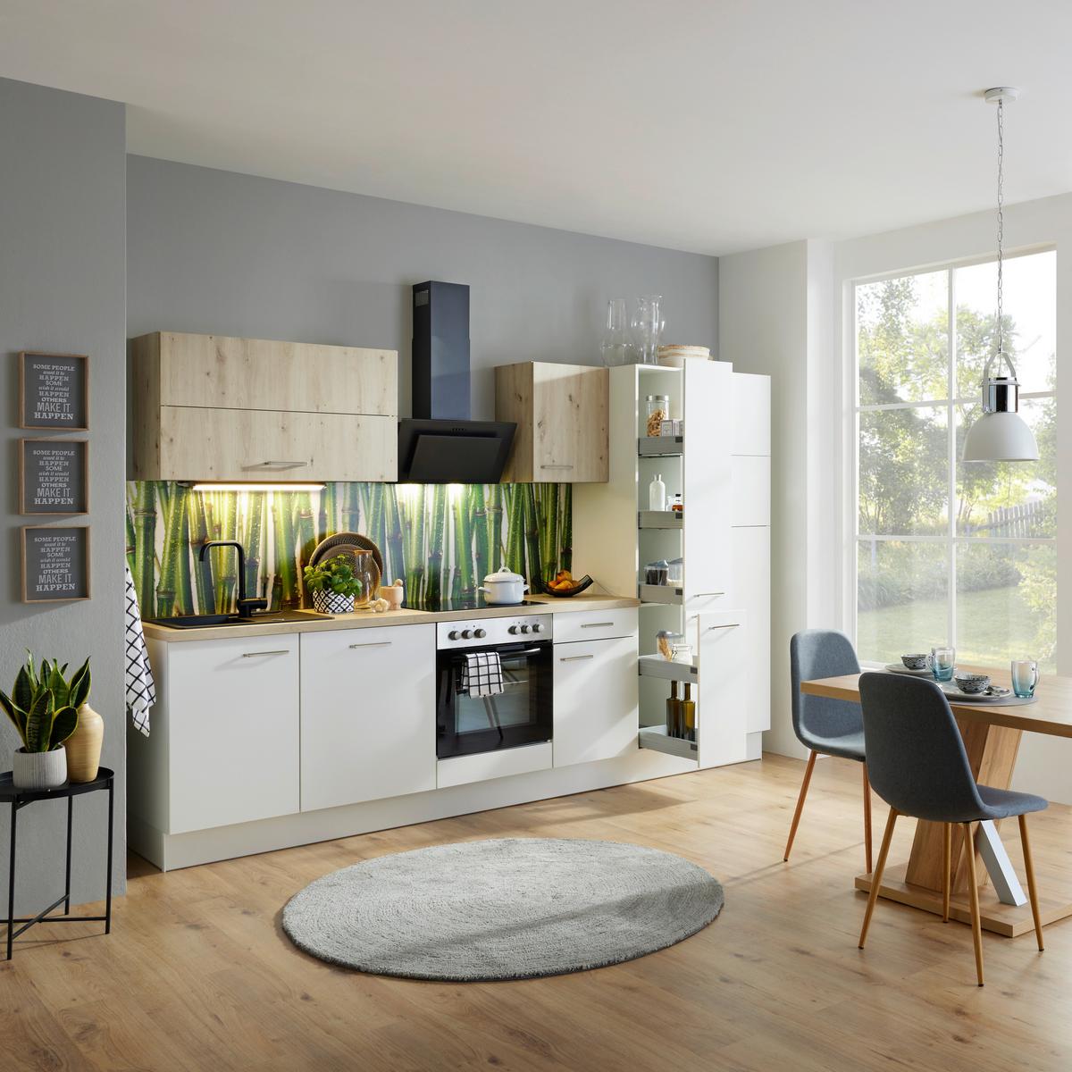 Küchenzeile Ip1200 mit Geräten 310 cm Weiß/Eiche Dekor - Eichefarben/Weiß, Basics, Holzwerkstoff (310cm)