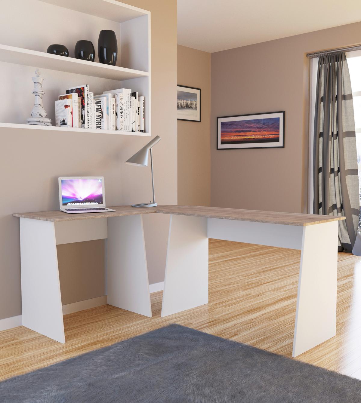 Eckschreibtisch B 135cm H 74cm Masola, Weiß/eiche Dekor - Weiß/Sonoma Eiche, Design, Holzwerkstoff (105/135/74cm) - MID.YOU