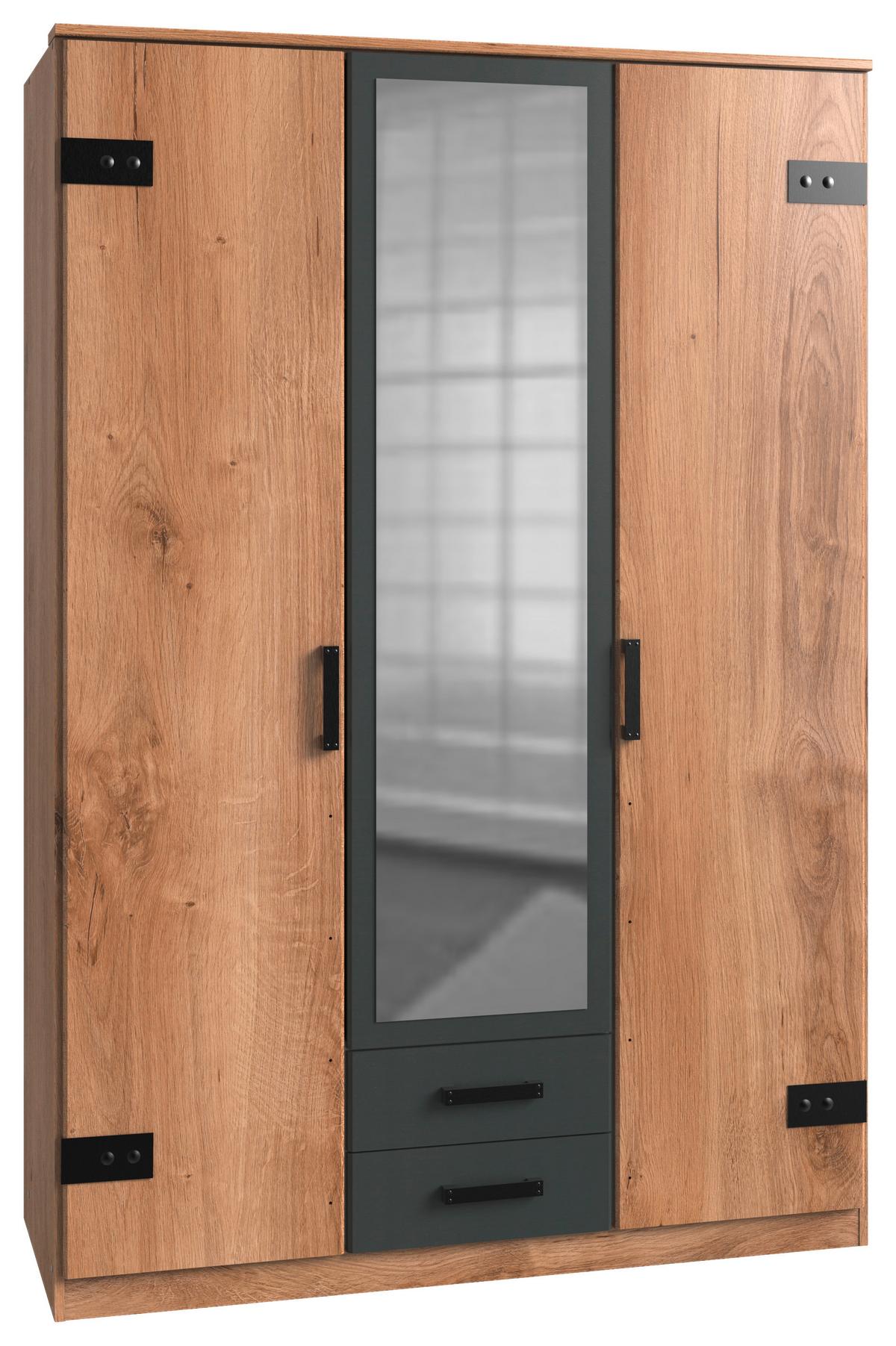 Drehtürenschrank M. Spiegel 135cm Liverpool, Eiche Dekor - Eichefarben/Graphitfarben, KONVENTIONELL, Holzwerkstoff (135/198/58cm) - MID.YOU