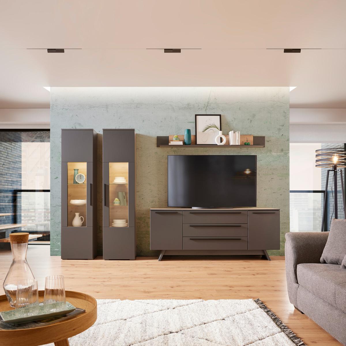 Wohnkombination 4-Tlg. Atlanta Grau/Eiche Dekor - Eichefarben/Silberfarben, MODERN, Glas/Holzwerkstoff (300,3/203,2/46,2cm)