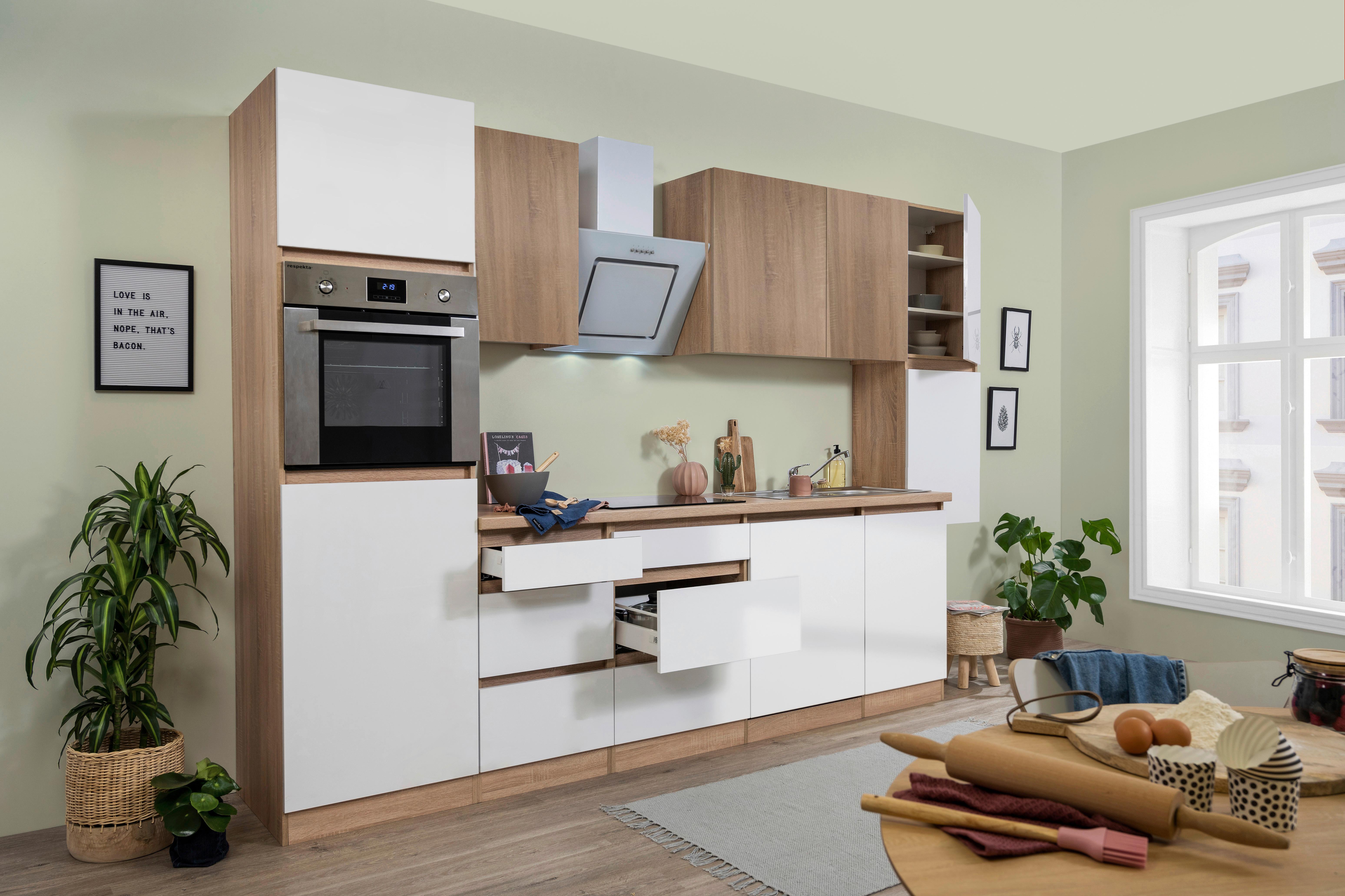 Küchenzeile Premium mit Geräten 330 cm Weiß/Eiche Dekor - Eichefarben/Weiß Hochglanz, Basics, Holzwerkstoff (330cm) - Respekta