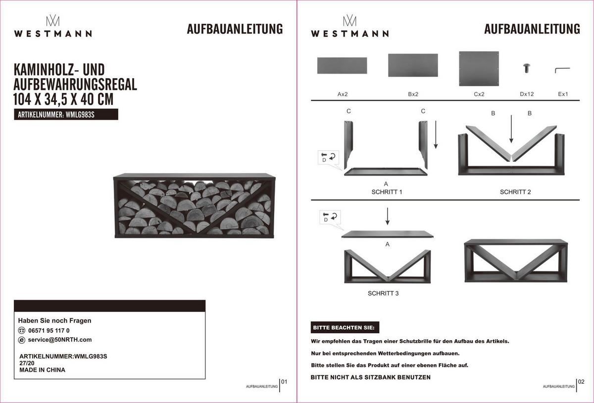 Kaminholzregal Kaminholzregal - Schwarz, Basics, Metall (34,5/40/104cm)