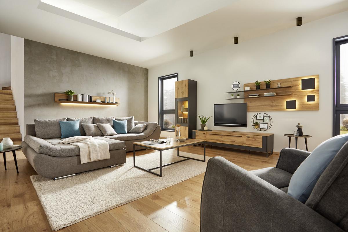 NÁSTĚNNÁ POLICE SKAGEN - černá/barvy dubu, Moderní, kov/kompozitní dřevo (197/27/22cm) - Premium Living