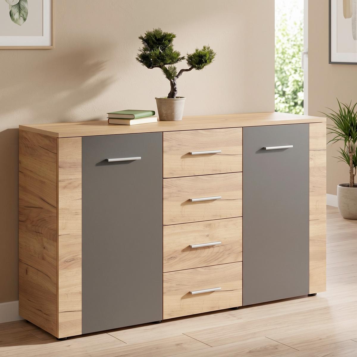 Kommode B 136cm Uno Kraft Eiche Dekor/ Lavagrau - Eichefarben/Grau, MODERN, Holzwerkstoff (136/81/40cm)