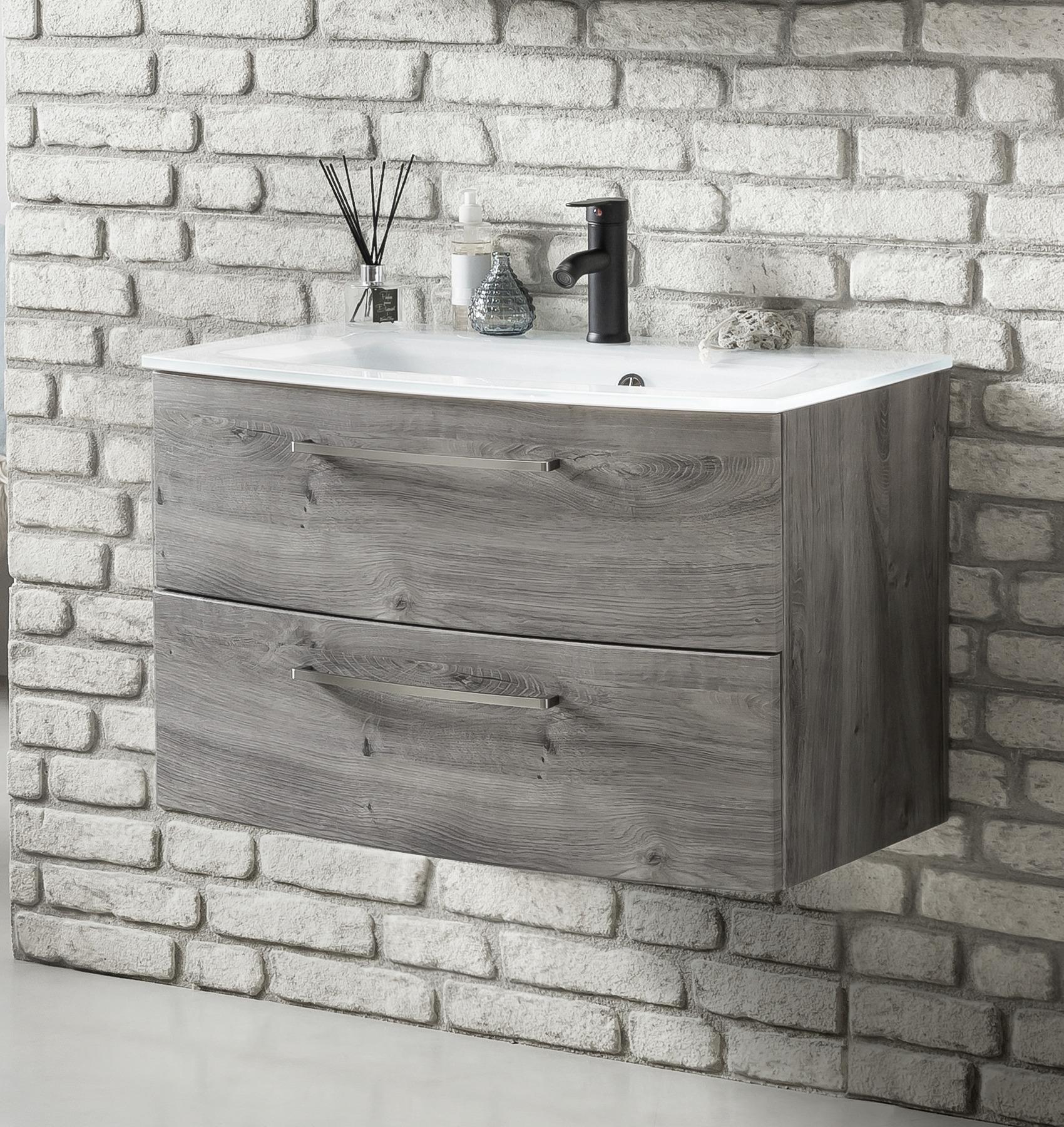 Waschbecken mit Unterschrank Stockholm B: 80cm Grau Dekor - Eichefarben/Weiß, KONVENTIONELL, Glas/Holzwerkstoff (80cm) - Held