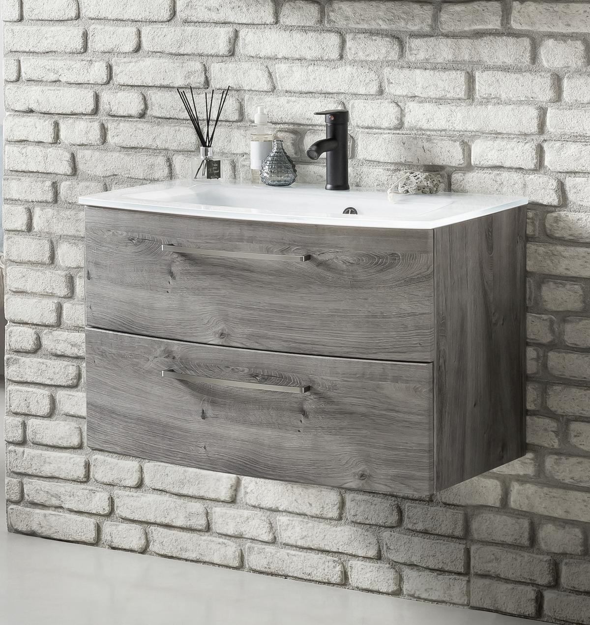 Waschbecken Mit Unterschrank Stockholm B: 80cm Grau Dekor - Eichefarben/Weiß, KONVENTIONELL, Glas/Holzwerkstoff (80cm) - Held