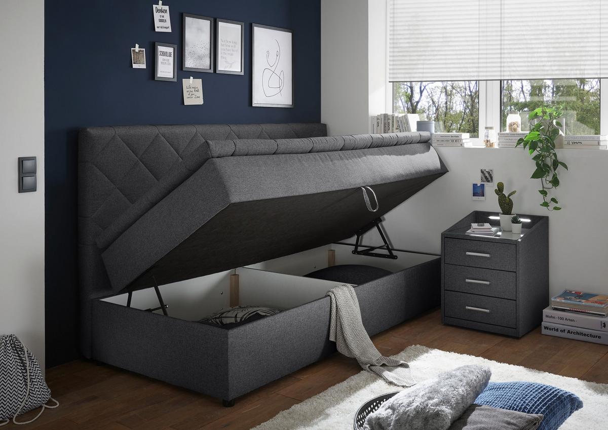 Boxspringbett Mit Topper 90x200 Luca - Schwarz/Graphitfarben, KONVENTIONELL, Textil (90/200cm) - Carryhome