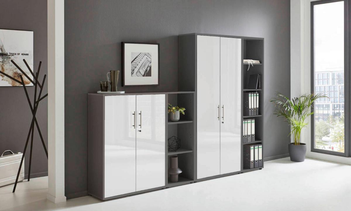AKTENSCHRANK OFFICE EDITION - SW SET 4 - Weiß Hochglanz/Anthrazit, MODERN, Holzwerkstoff (128,5/185,6/33cm) - MID.YOU