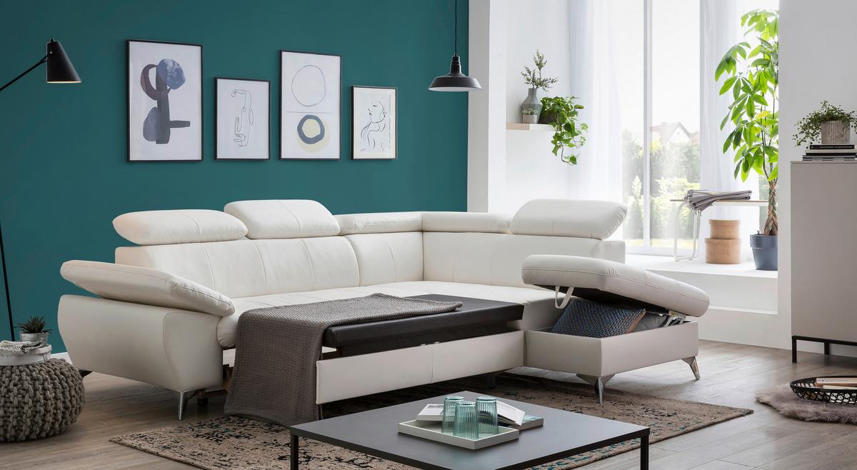 Ecksofa Mit Schlaffunktion Und Bettkasten Gisele Weiß - Chromfarben/Weiß, KONVENTIONELL, Textil (256/209cm) - Livetastic
