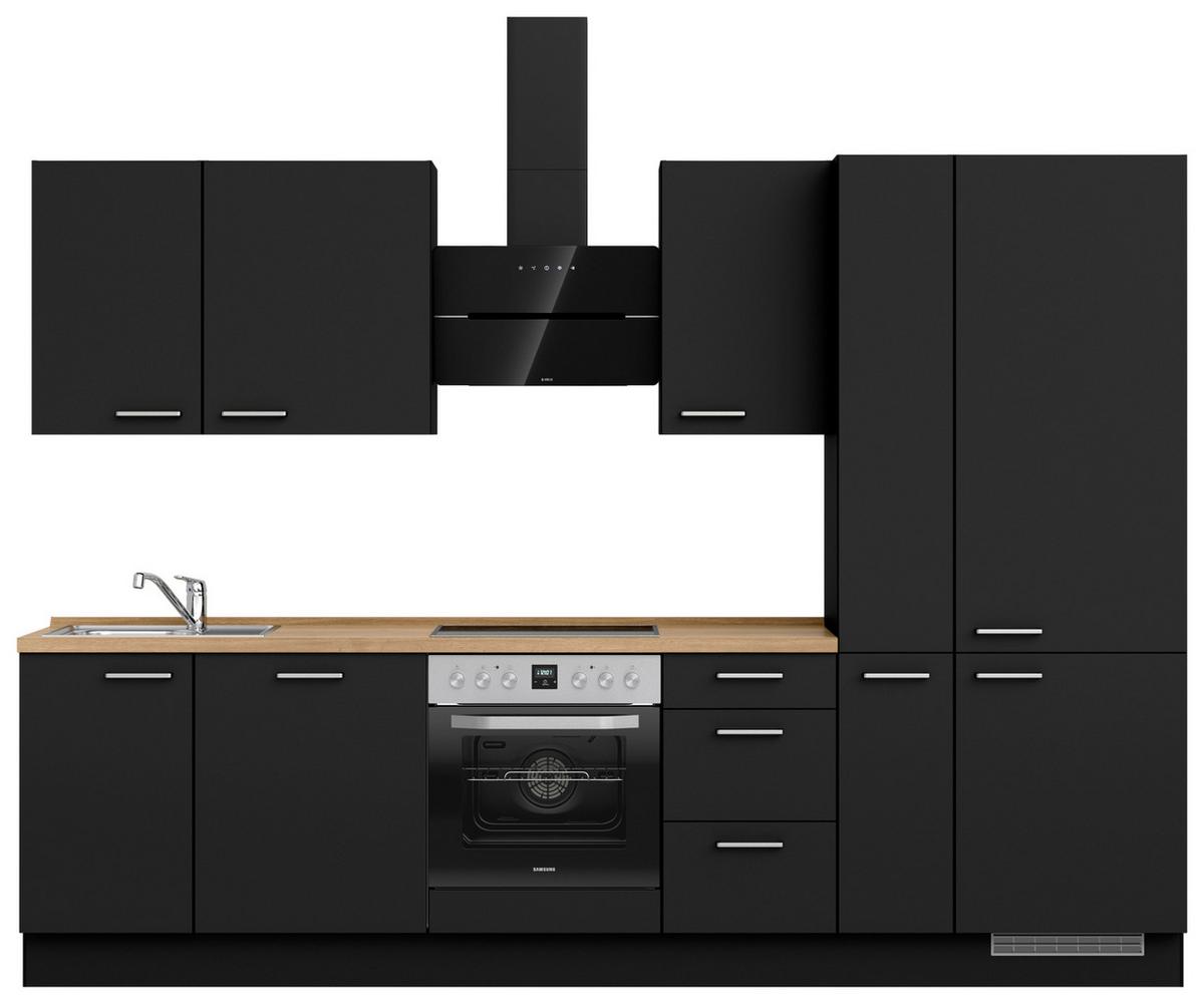 Kuchyňská linka 300 cm, černá matná/ barva dub - černá/barvy dubu, Moderní, kov/kompozitní dřevo (300cm) - Nobilia