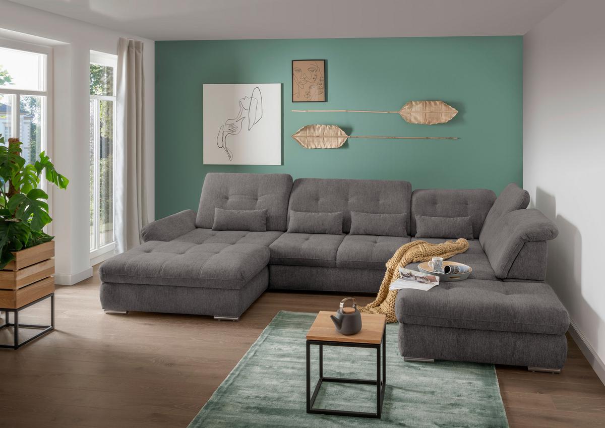Wohnlandschaft Dalida Mit Schlaffunktion Braun/grau - Chromfarben/Braun, Design, Textil (195/376/254cm) - Livetastic