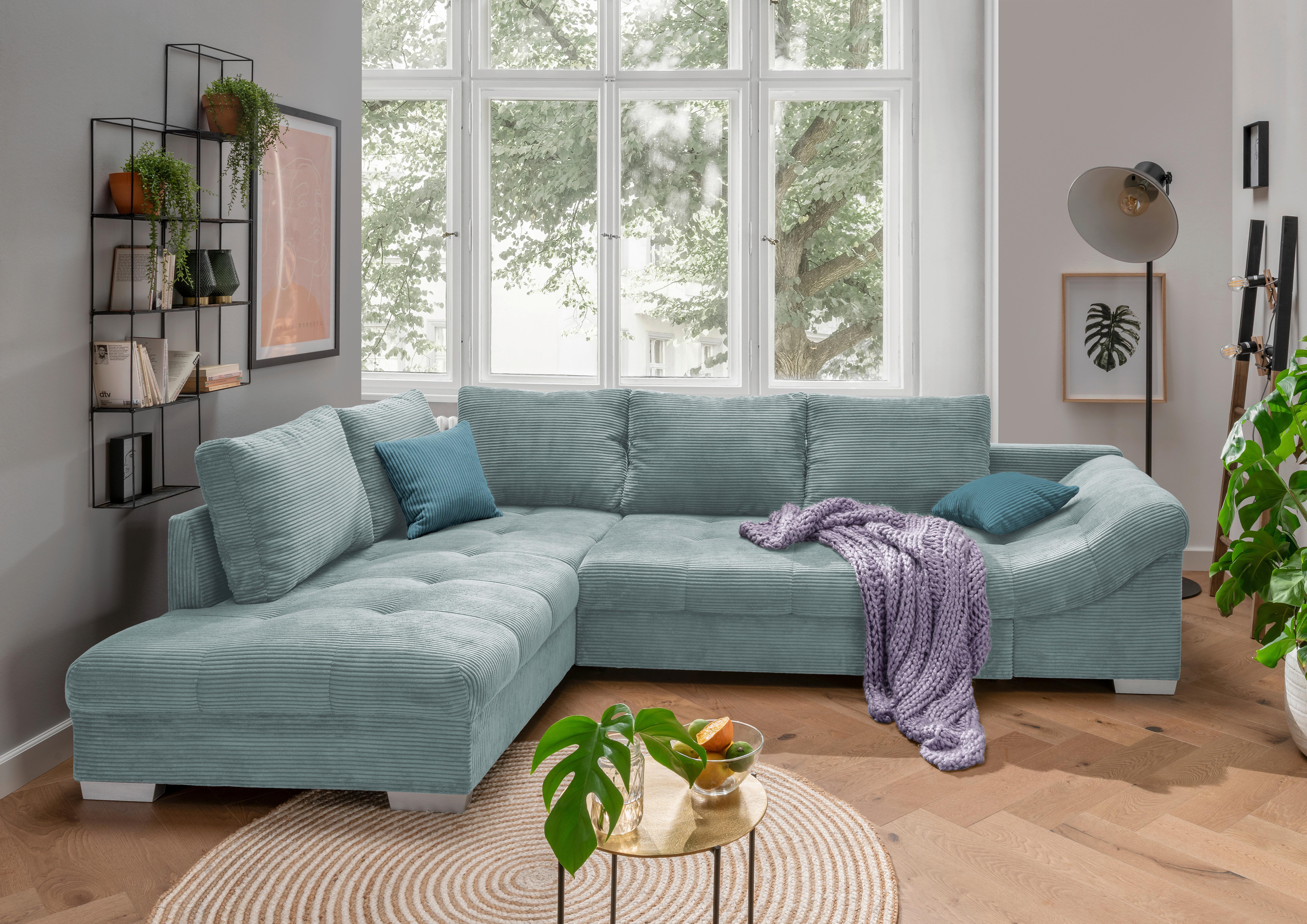 Rohová sedačka ALVITO, levá, světle modrý manšestr - petrolej/barvy stříbra, Design, dřevo/textil (202/298cm) - MID.YOU