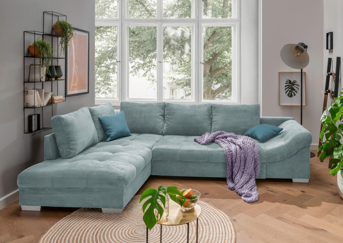 Rohová sedačka ALVITO, levá, světle modrý manšestr - petrolej/barvy stříbra, Design, dřevo/textil (202/298cm) - MID.YOU